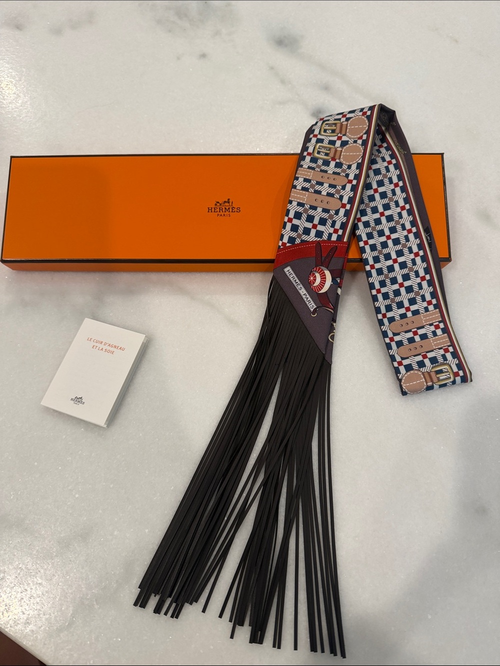 Hermes Printed Silk Brown Leather Fringe Twilly Scarf